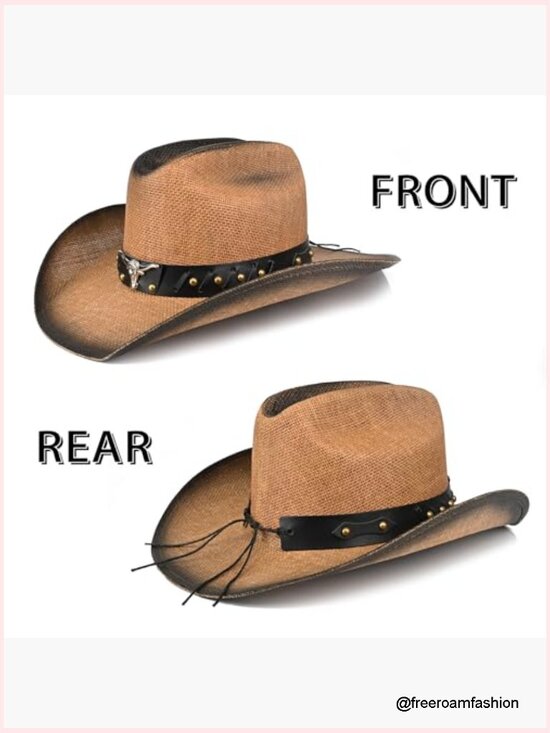Western Straw Cowboy Hat with Metal Bull Head Badge - Adjustable Brim main image 6